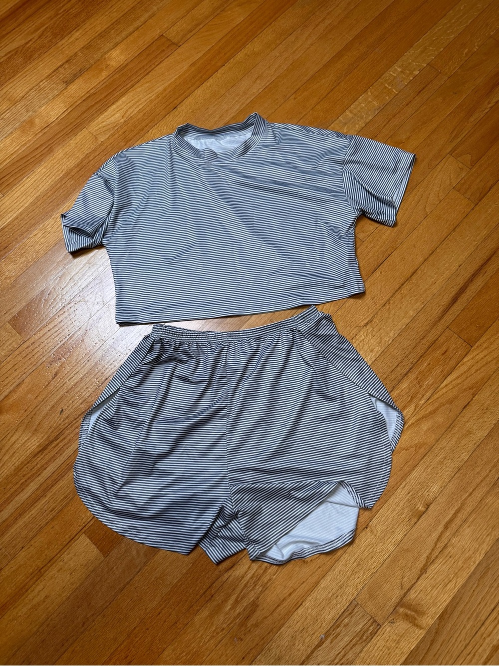 SHEIN Black & White Striped Women's Lounge Crop Tee & Athletic Shorts Set